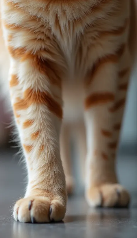 Close up of a cat&#39;s hind legs。The scene was shot at an angle that showed the four toes on the fluffy furry hind legs.。
