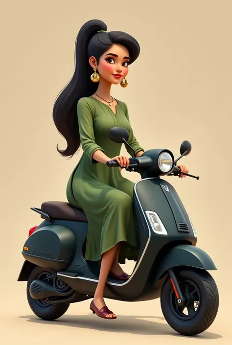 A tall medium sized girl with long face with long kind of straight voluminous pony tail  hair with large earrings wearing a green side open churidar sitting on a black electric scooter . Light brown in colour 
