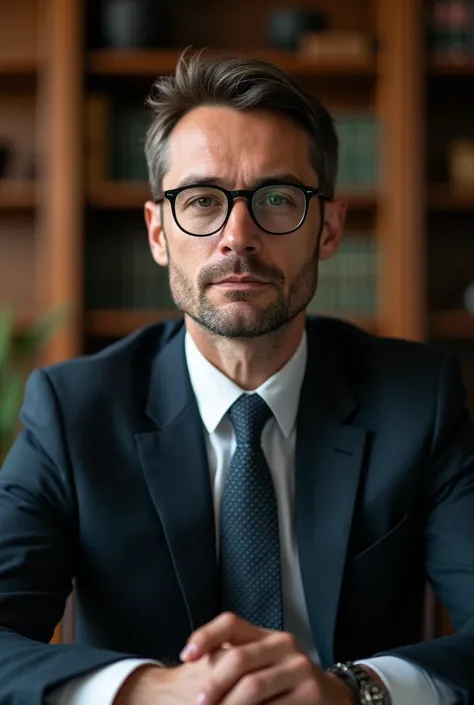 a lawyer sitting at a desk in a suit against the backdrop of a beautiful office, close-up of the lawyer, photorealistic, 8k, highly detailed, realistic lighting, elegant interior, clean office, focused portrait, professional attire, serious expression, dee...