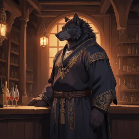 A majestic old wolf in a sorcerers robe, a regal black bear in ornate armor, and a bartender white bear standing in front of a medieval tavern, medieval, high quality, intricate details, cinematic lighting, fantasy art, dramatic colors
