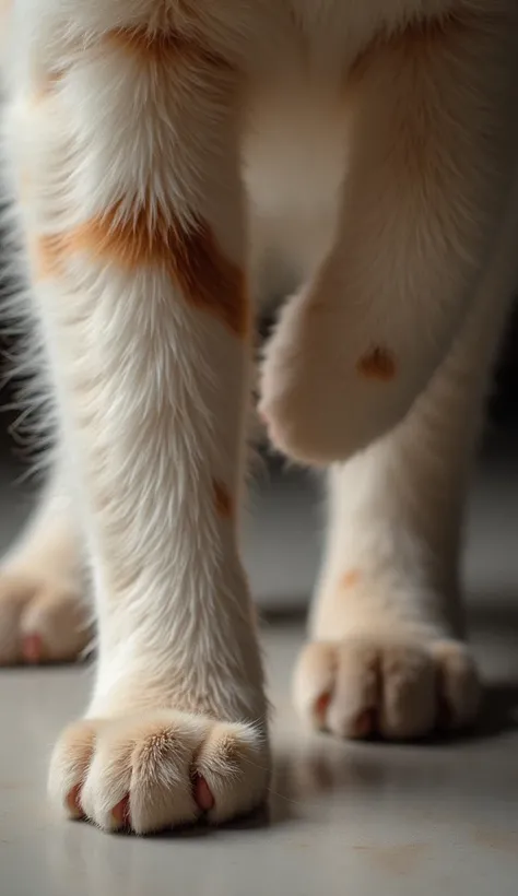 Close up of a cat&#39;s hind legs。The scene was shot at an angle that showed the four toes on the fluffy furry hind legs.。
