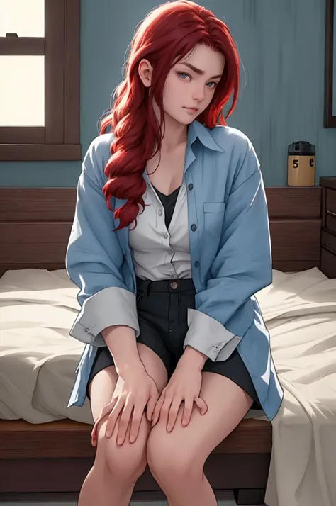 sit cross-legged、Wearing a blue button-up shirt、Casual clothing、Relaxed pose with hands on knees、Long Red Hair、Interior with wooden furniture and bed in the background、Low lighting with soft shadows、Quiet and introspective atmosphere、Front view、Sharply foc...