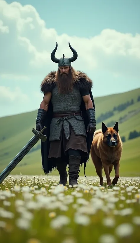 A cinematic shot of a legendary Viking warrior walking through a field of daisies. The warrior is wearing a horned helmet and a chainmail vest. He also carries a large sword. His loyal mastiff dog, Oleg, walks by his side. The background is a serene landsc...