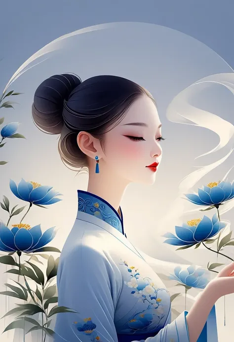 vector，Flat style wearing a long white silk cheongsam and blue embroidered flowers. The oriental beauty girl has a beautiful face and a gentle smile. The artistic conception is abstract digital art illustration. The background is a simple light basket ink ...