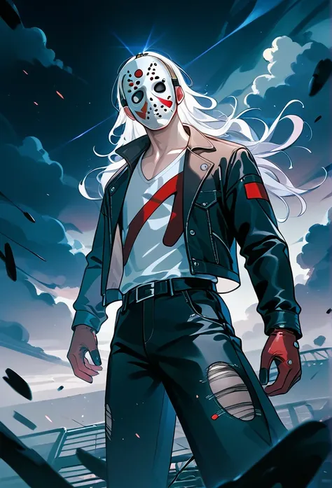 mature male, humanoid, (jason voorhees mask, black jason voorhees mask), black wavy hair (torn jacket, ragged jacket), shadow aura, black aura, hellish background, ruined city, apocalypse, (arms on side), (black skies, dark clouds)