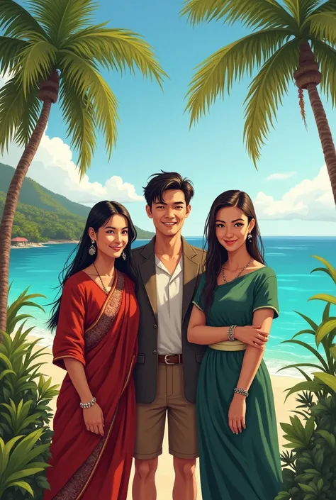 Create an A4 size cover image with 3 people. Intan (Javanese Indonesian woman), Alex (American man) and Chen Wei (Chinese face) with a background on the South China Sea island.