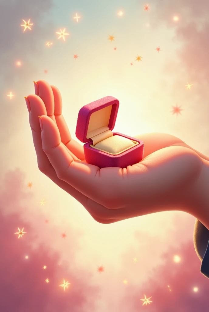 create a disney pixar style drawing of a hand holding a ring box