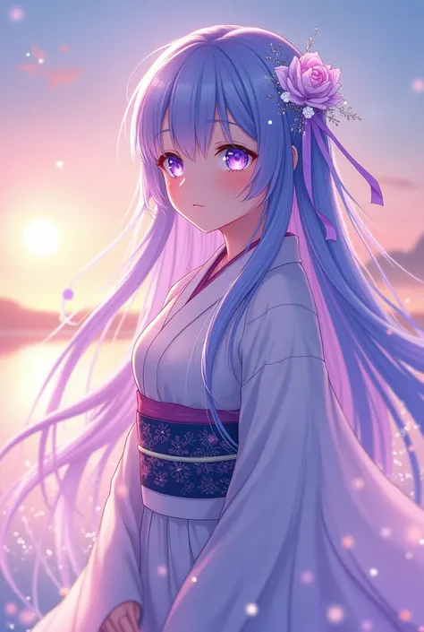 An anime girl of about , with long hair, of blue and lilac tones that flow gently with a light wind. Her eyes are large and bright lilac in color., with small sparkles that give it a magical look. Wear traditional Asian style clothing, with an elegant past...