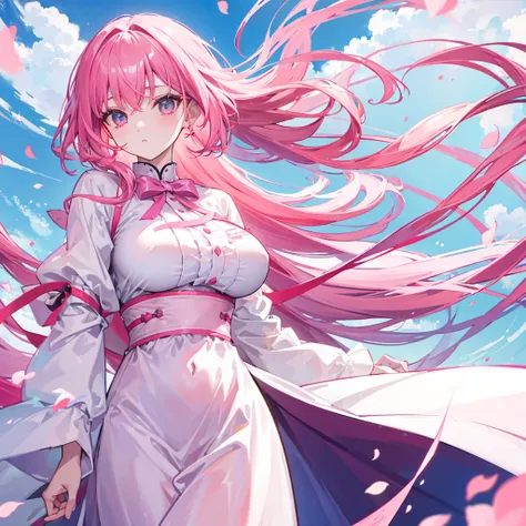 Woman, pink hair, large ribbon, white clothes, front, bust up