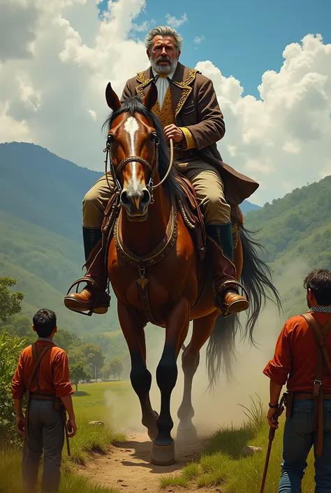 Antioquian landowner on horseback shouting at peasants in front of his farm in Colombia