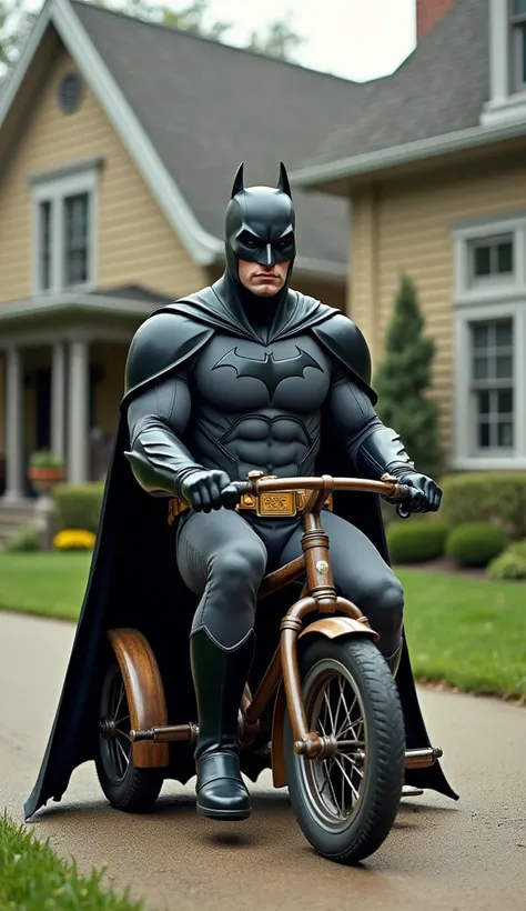 Batman riding a tricycle in front of the house make 4k detail