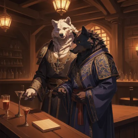 A majestic old wolf in a sorcerers robe and a regal black bear in ornate armor and a bartender white bear standing in front of a medieval tavern, medieval, high quality, intricate details, cinematic lighting, fantasy art, dramatic colors
