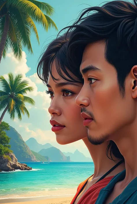 Create an A4 size cover image with 3 people. Intan (Indonesian woman face), Alex (American man) and Chen Wei (Chinese man face) with a background on the South China Sea island.