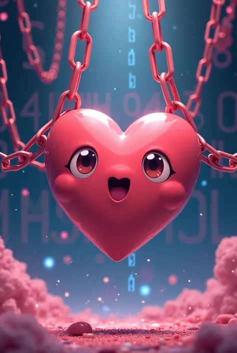 Cute heart chained by a chain of numbers and codes, with a Samsung company background, all in anime version 