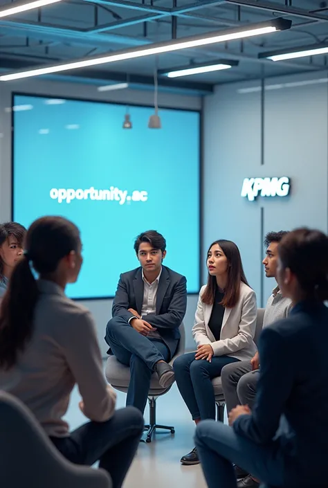 Create a Tumblr-style photo image that features several young people discussing and dialoguing about artificial intelligence and peace in a futuristic environment, technological and that on the wall the letters KPMG appear written and in smaller letters it...