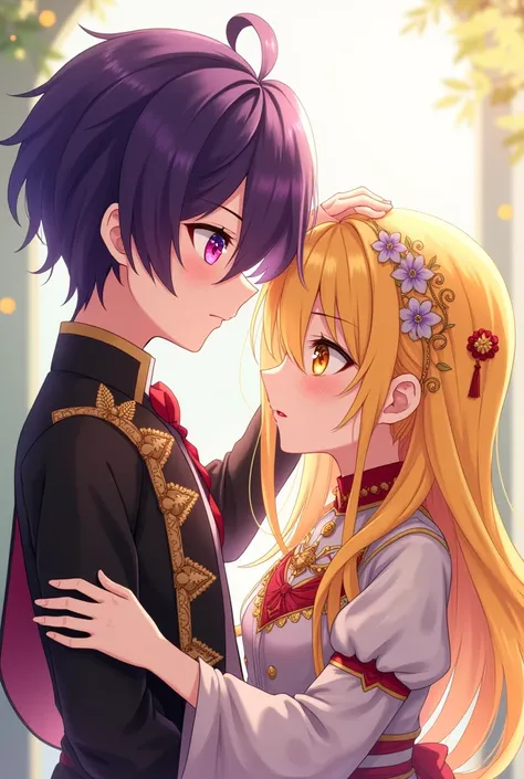 Boy, dark purple hair, bright pink eyes, pats the girl on the head, she has yellow hair, Long hair, yellow eyes. beautiful clothes.  high quality. anime character
