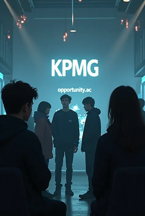 Create a Tumblr-style photo image with a gloomy atmosphere that has several young people debating and discussing artificial intelligence and peace in a futuristic environment, technological and that on the wall the letters KPMG appear written and in smalle...