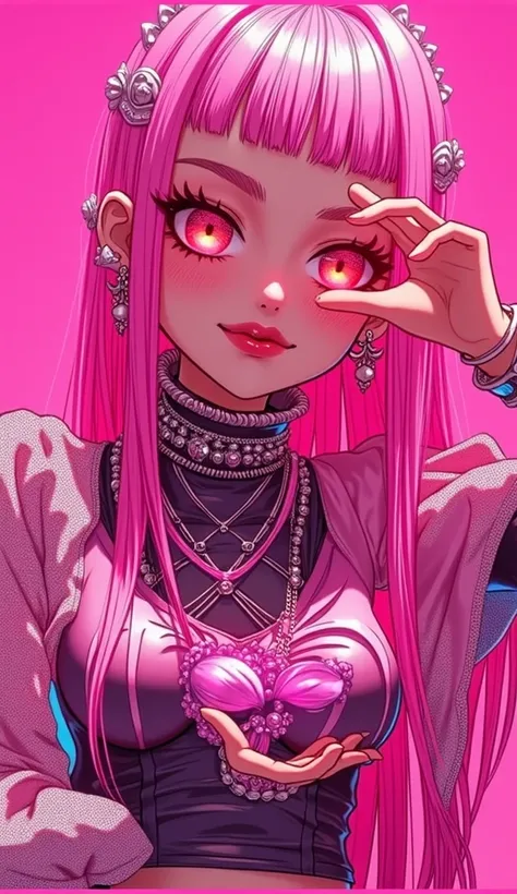 (masterpiece, best quality), intricate details, thin, ((slim)), beautiful girl, Light pink hair, white skin, yellow eyes, sharp jawline, pink maide outfit, long blue straight hair, lips, upper body, smirk, gamer girl, big breast, blue background
