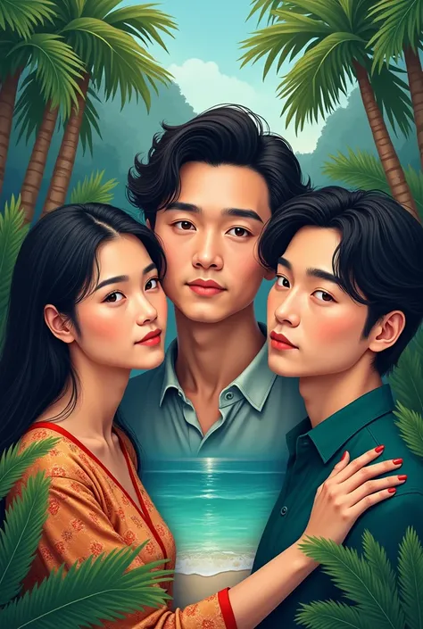 Create an A4 size cover image with 3 people. Intan (Indonesian woman face), Alex (Europe man face) and Chen Wei (Chinese man face) with a background on the South China Sea island.