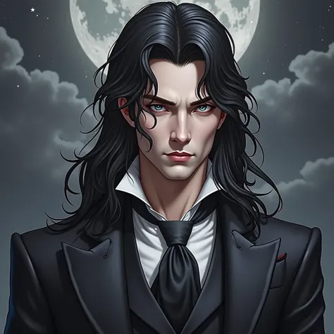 Handsome long haired vampire. Moonlight background.