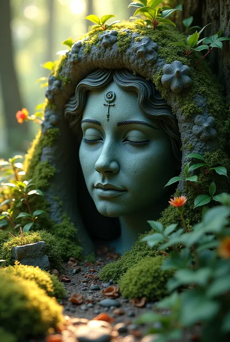 A stone with a woman&#39;s face, in an exciting forest 