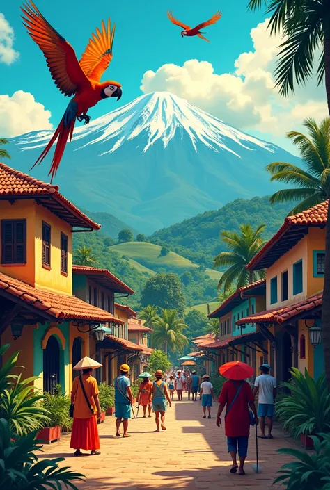 poster of the caribbean region of colombia, with all cultures, palenqueras, macaws, architecture, the snowy mountain range, natives, the colorfulness of the flag
