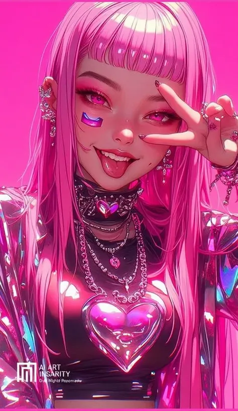 (masterpiece, best quality), intricate details, thin, ((slim)), beautiful girl, Light pink hair, white skin, yellow eyes, sharp jawline, pink maide outfit, long blue straight hair, lips, upper body, smirk, gamer girl, big breast, blue background
