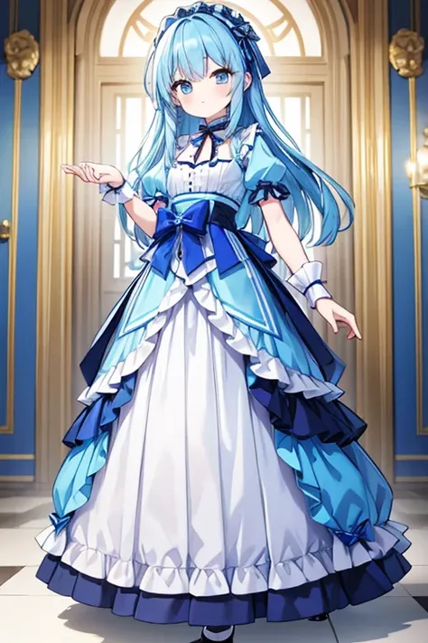 high quality，masterpiece。Cute blue haired human crossdresser，His hair is long and straight.。He stands upright with his face and body facing the viewer.，True Identity。He has nothing in his hands，Don&#39;t move your hands。he looks like this 。His chest is fla...