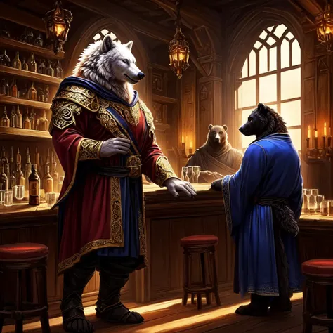 A majestic old wolf in a sorcerers robe and a regal black bear in ornate armor and a bartender white bear standing in front of a medieval tavern, medieval, high quality, intricate details, cinematic lighting, fantasy art, dramatic colors, anime,furry