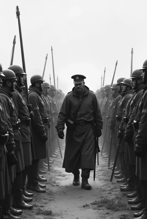 A confrontation between peasants and police drawn from a distant perspective in black and white 