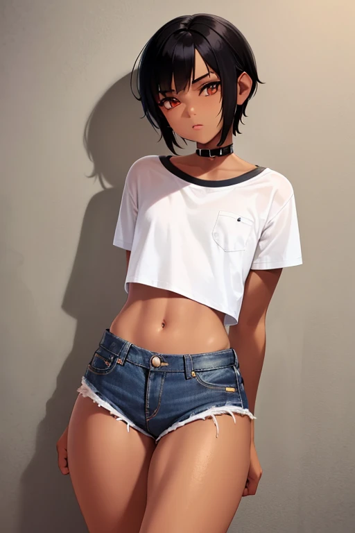 black haired, dark skinned boy　１３year old boy　mini denim shorts　mini t shirt　navel sticking out　back of the school building　inti...