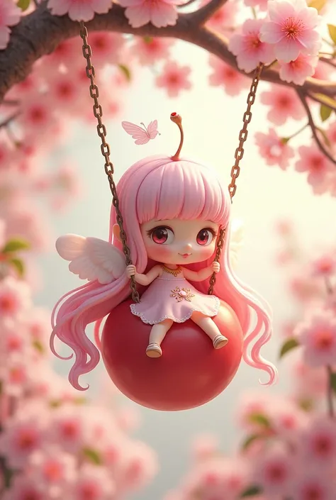  chibi with long faded pink hair with angel wings on top of a cherry as if swinging on a swing with a cherry dress and cute shoes