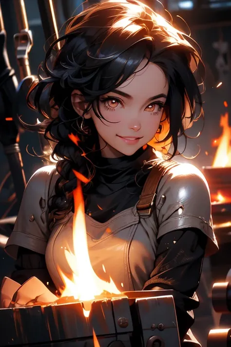 Perfect face. Perfect hands. A black haired woman with orange eyes in a blacksmith outfit is smiling while making a fire in a welders shop