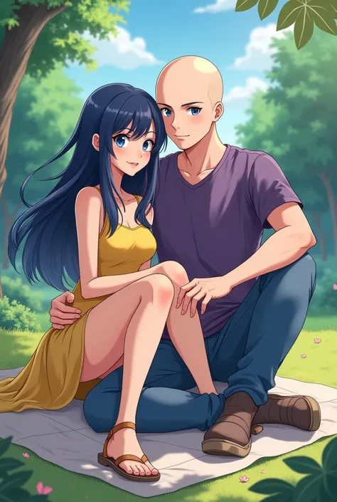 Fullbody image, female, dark blue wavy long hair with bangs, blue eyes, pink lips, beautiful gentle face, long legs, fair skin, sexy body, big , sitting on a picnic matt with a bald man with blue eyes, couple, female wear yellow dress and sandals, male pur...