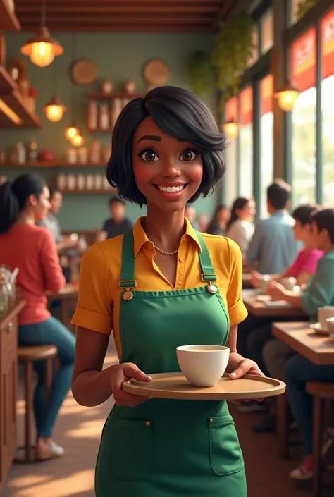 A happy black short haired woman waitress in a cafe serving many customers 