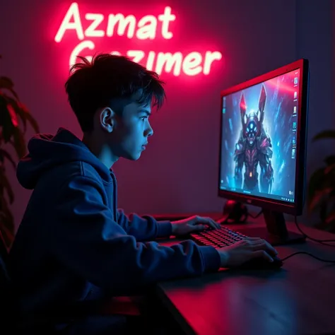 A teenager boy without showing face playing free fire game on computer, write on front wall azmat gamer with clear text neon effect 