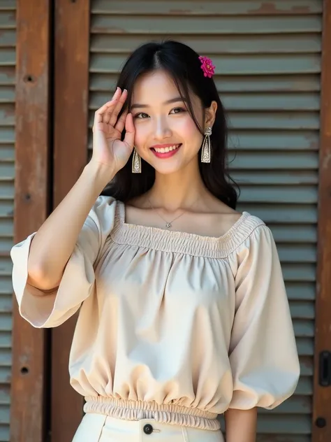 a beautifull asian woman standing in front of what appears to be a wooden and metal shutter background. Her hair is styled in a half-up, half-down fashion with the top part secured in a small bun, adorned with a pink accessory that adds a playful touch to ...