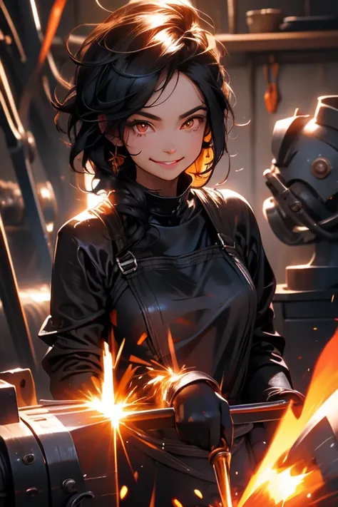 Perfect face. Perfect hands. A black haired woman with orange eyes in a blacksmith outfit is smiling while carving a handle in a welders shop