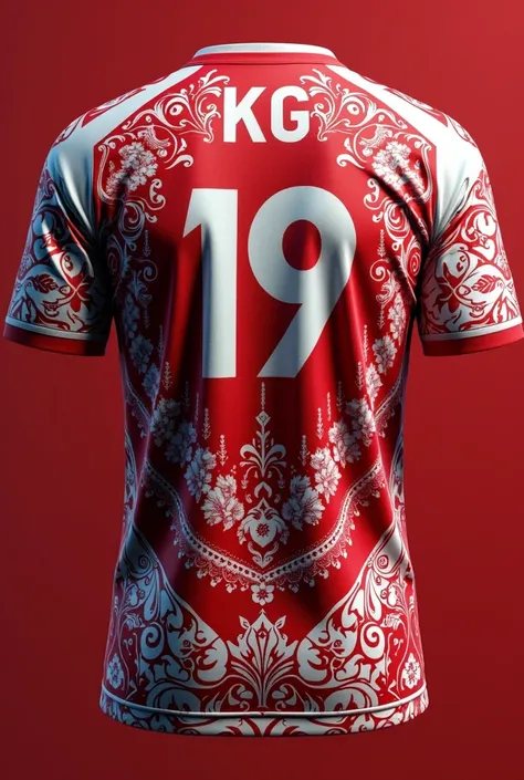 Create a jersey for me with jersey number 19 and my initials of KG on the back, the jersey should be of red and white colour with details form the culture of Indian and mumbai city.