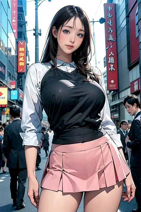 8k wallpaper, Highest quality, Very detailed, masterpiece, Realistic, ((Sharp focus:1.5)), 1 Cute girl in Japan, 20-year-old, ((Face Focus)), ((Plump body type)), Large Breasts, (((Roll up the skirt yourself))), (I lifted it myself), panties, panties focus...