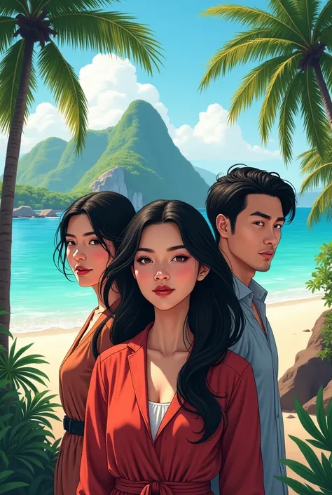 Create an A4 size cover image with 3 people. Intan (Indonesian woman face), Alex (Europe man face) and Andi ( china man) with a background on the South China Sea island.