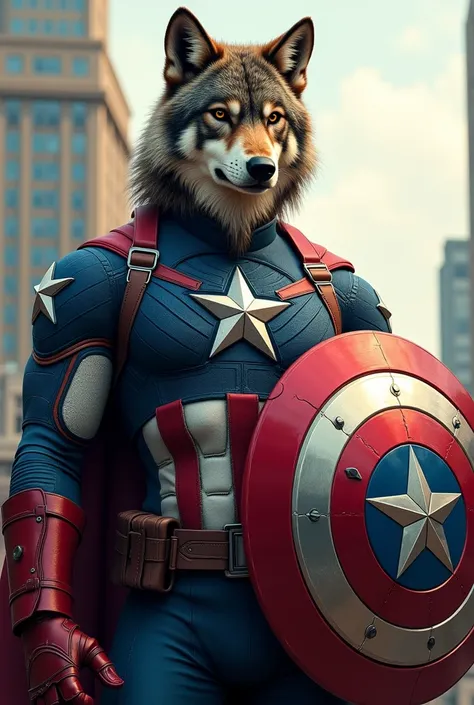 Image of a realistic Wolf , in captain america outfit, and holding the shield with the bitcoin symbol 