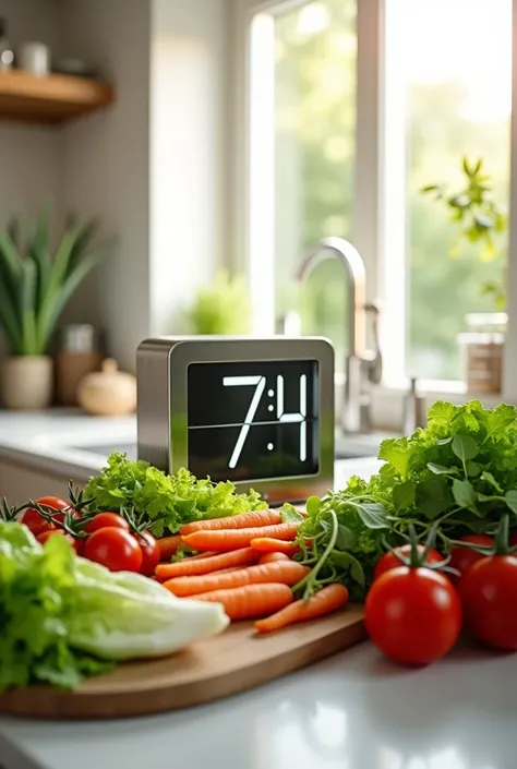 Elegant kitchen with ingredients for a salad on the counter and a digital clock marking 7
