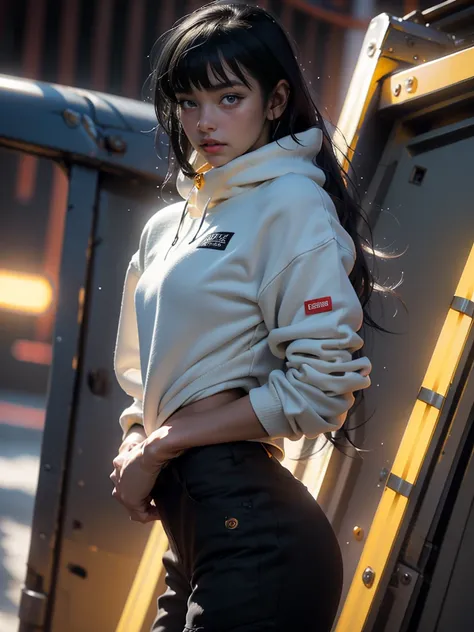 a delicate 20-year-old boy, tanned skin, long black hair with bangs, piercings, thick thighs, wearing a crepe sweatshirt, cargo pants, looking at the camera, solo, (best quality,4k,8k,highres,masterpiece:1.2),ultra-detailed,(realistic,photorealistic,photo-...