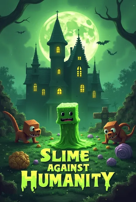 A green slime turning everything into candy attacks a Minecraft village, that defends itself with dragons and salty slimes. At the bottom of the image, the text "Slime Against Humanity" is prominently displayed in a retro font that complements the overall ...