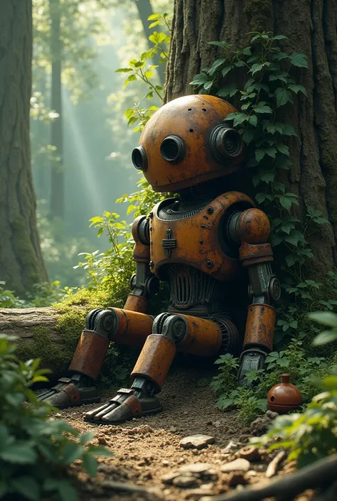 A rusty broken robot siting behind a long in the woods 