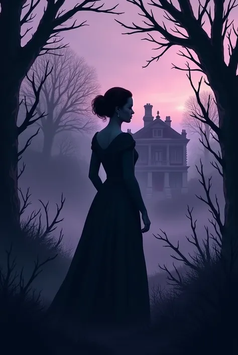 Create a cover for a period romance novel in shades of purple and dark blue. Featuring a silhouette of a lonely Georgian-era lady standing fearlessly in front of an abandoned mansion. And around the cover black thorn branches