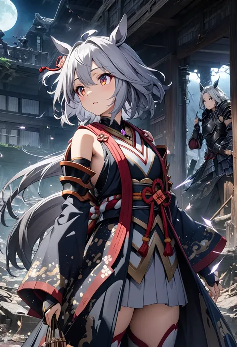 girl, , Samurai Armor, Samurai Pearl, knife、Purple lightning flashes in the background、Gray Hair、Dilapidated Ruins,(((masterpiece))),Highest quality, figure,(Beautiful detailed girl),Exposing shoulders,flat_CHST,Diamonds and sparkling eyes,Beautiful and de...