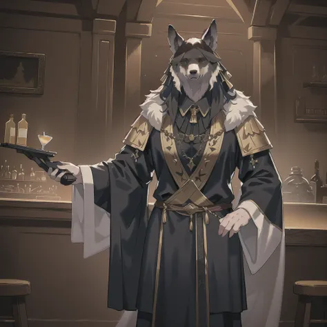 A majestic old wolf in a sorcerers robe and a regal black bear in ornate armor and a bartender white bear standing in front of a medieval tavern, medieval, high quality, intricate details, cinematic lighting, fantasy art, dramatic colors, anime,furry
