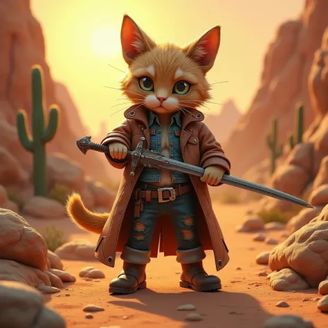 (Clay Animation style:1.2), Isometric, capturing texture, A close-up shot of a feline figure, dressed in a rugged Western-inspired vigilante outfit, complete with a worn leather duster coat, frayed denim shirt, and scuffed boots. The cats eyes gleam with d...